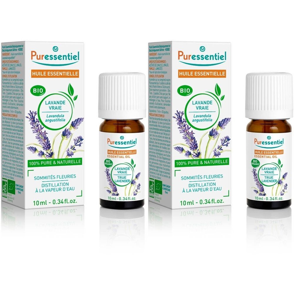 Trois flacons avec bouchon blanc et emballage. Inscription : Puressentiel, Lavande Vraie, Huile Essentielle Bio.