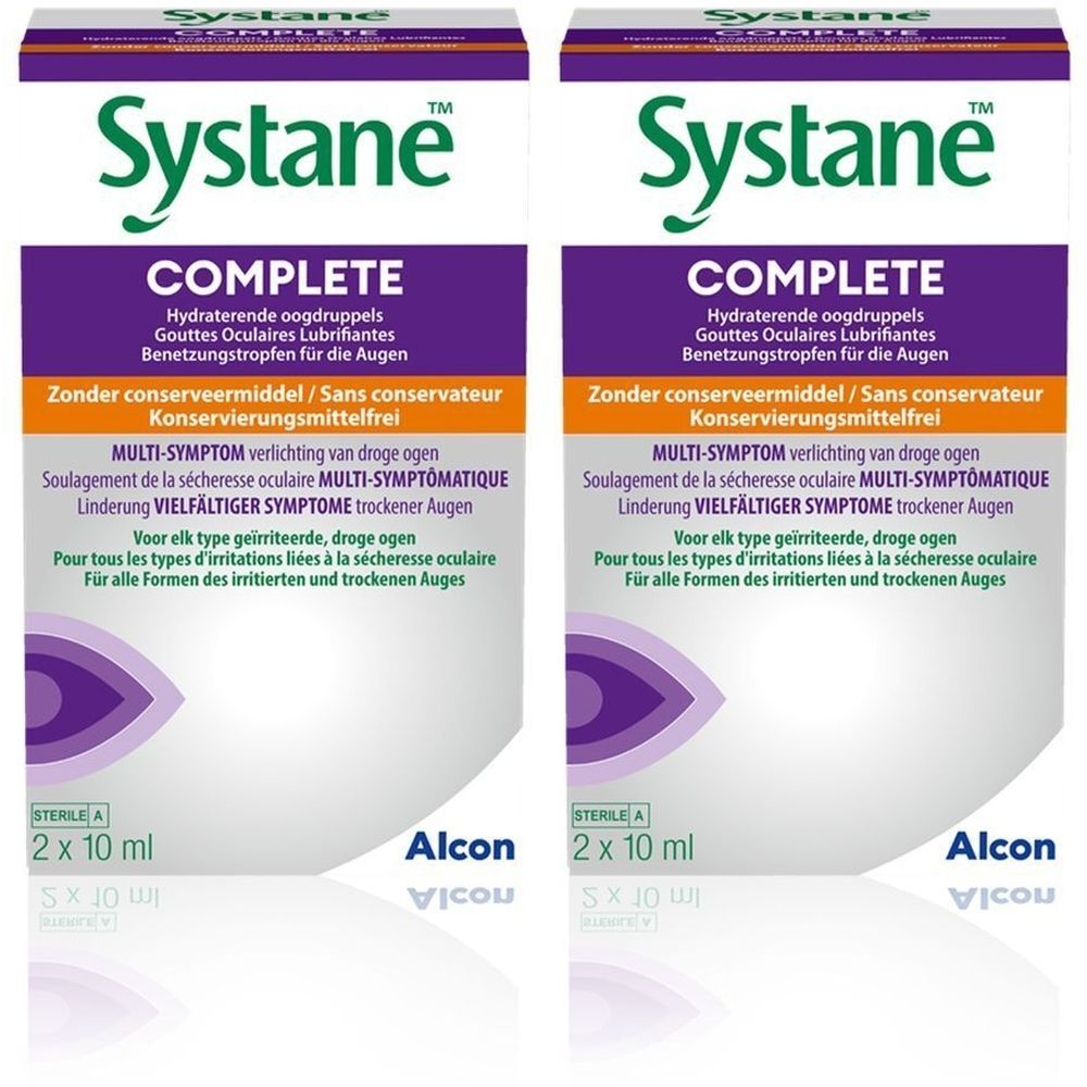 Deux boîtes de Systane Complete. Boîtes blanches avec accents violets et texte vert. Texte : "COMPLETE", "2 x 10 ml".