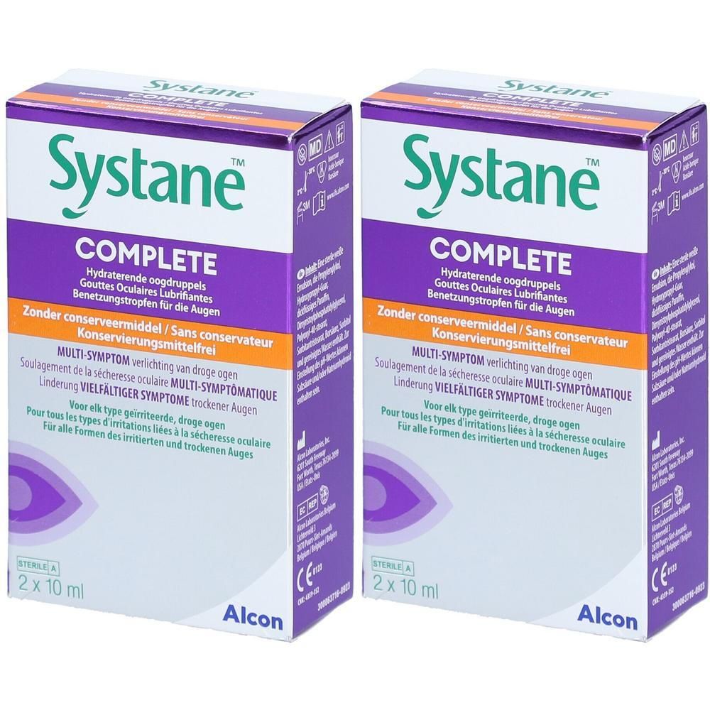 Deux boîtes de Systane Complete. Boîtes blanches avec accents violets et texte vert. Texte : "COMPLETE", "2 x 10 ml".