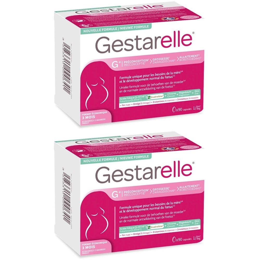 Deux boîtes de Gestarelle. Emballage blanc avec des accents roses et verts. Nom du produit et logo visibles.