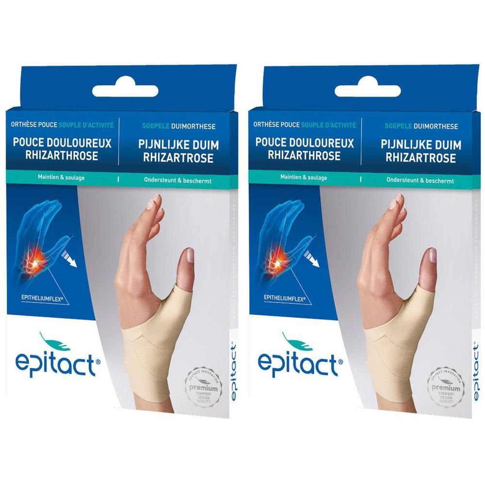 Twee verpakkingen Epitact® Orthese Pouce Souple Gauche M. Verpakking met productafbeelding en tekst. Opschrift: Pouce douloureux rhizarthrose.