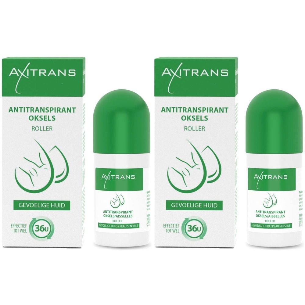 Deux déodorants roll-on et deux boîtes. Emballage vert et blanc avec nom et logo du produit. Inscription : Antitranspirant.