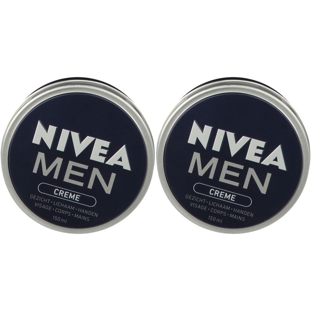 Deux pots ronds bleus avec couvercles argentés. Inscription : NIVEA MEN Crème. Texte : Visage, corps, mains. 150 ml.