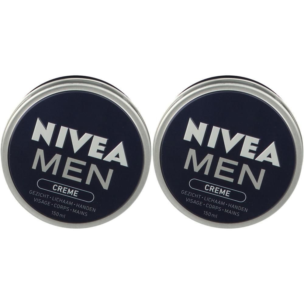 Twee ronde potten NIVEA MEN Crème. Blauwe deksels met witte tekst. Opschrift: gezicht, lichaam, handen. 150 ml.