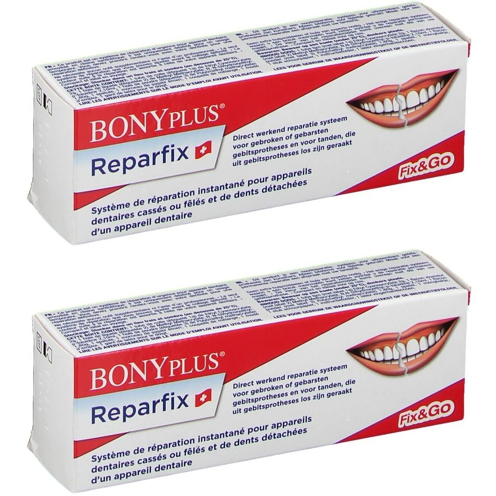 Twee witte dozen met rode tekst. Opschrift: BONYPLUS Reparfix. Tekst in meerdere talen. Afbeelding van een mond met tanden.