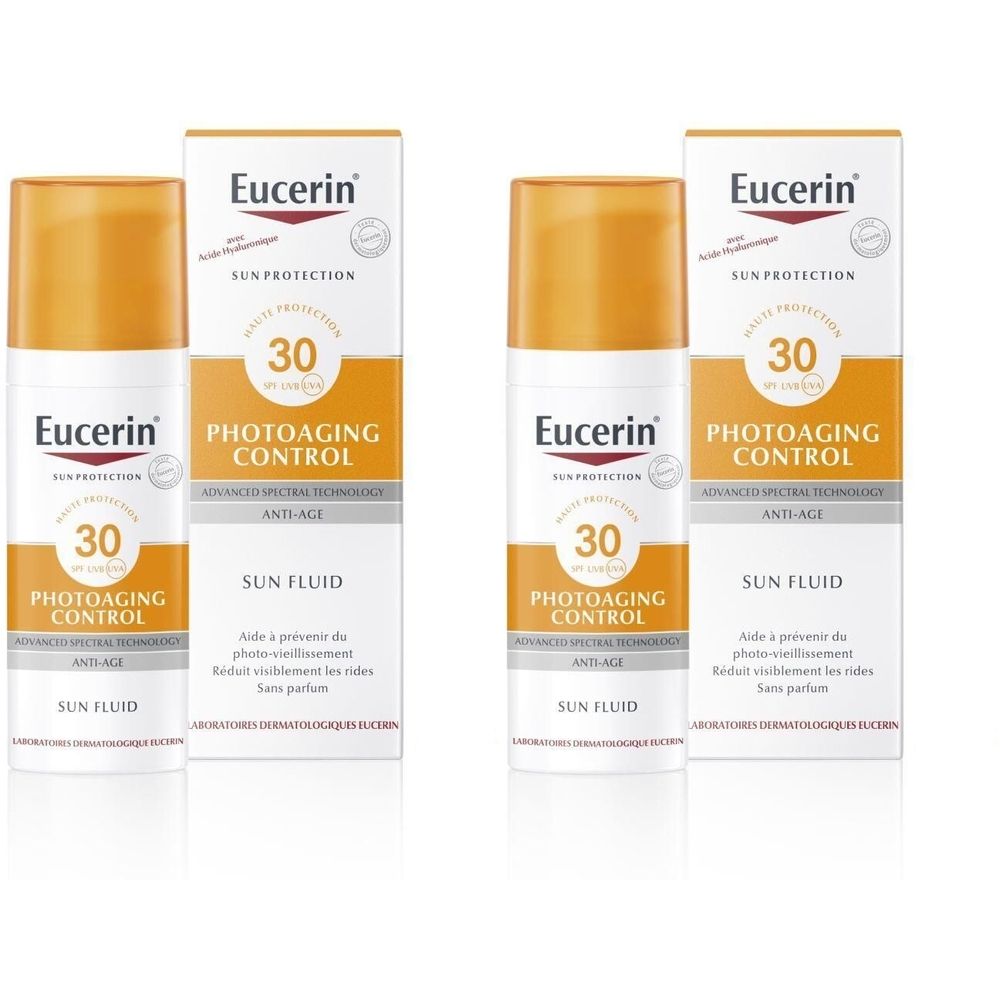 Eucerin Sun Photoaging Control SPF30 Fluide. Deux flacons et emballages. Bouchon orange, emballage blanc avec texte.
