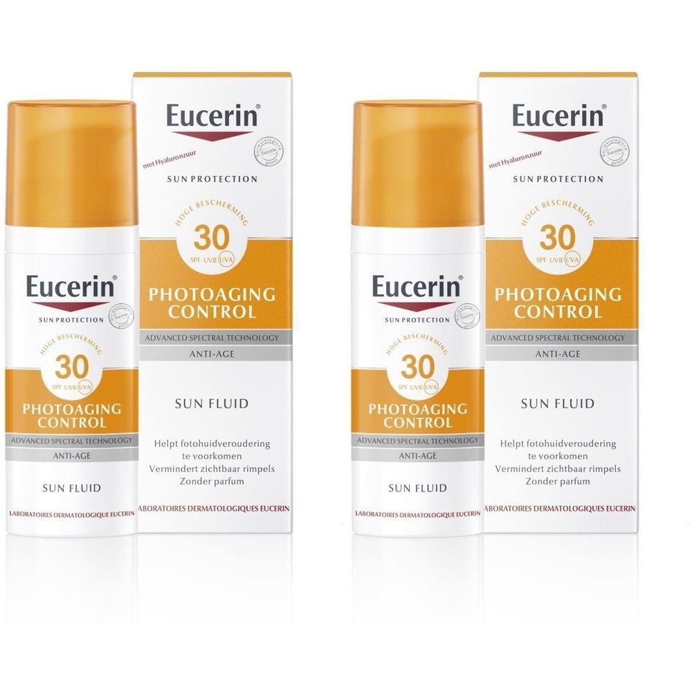 Eucerin Sun Photoaging Control SPF30 Fluide. Twee flessen en verpakkingen. Oranje dop, witte verpakking met tekst.
