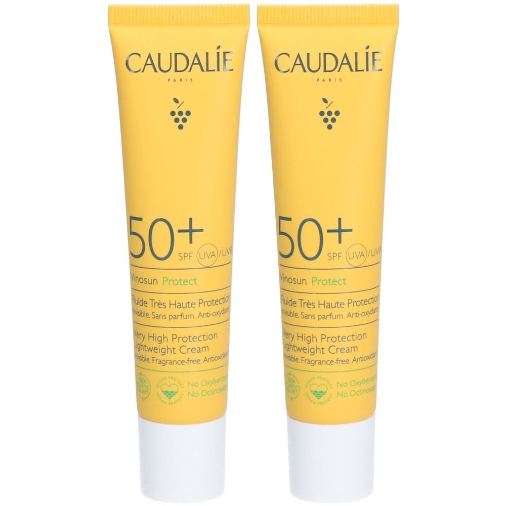 Deux tubes jaunes avec bouchon blanc. Inscription: Caudalie, 50+ SPF, Vinosun Protect, Très Haute Protection.