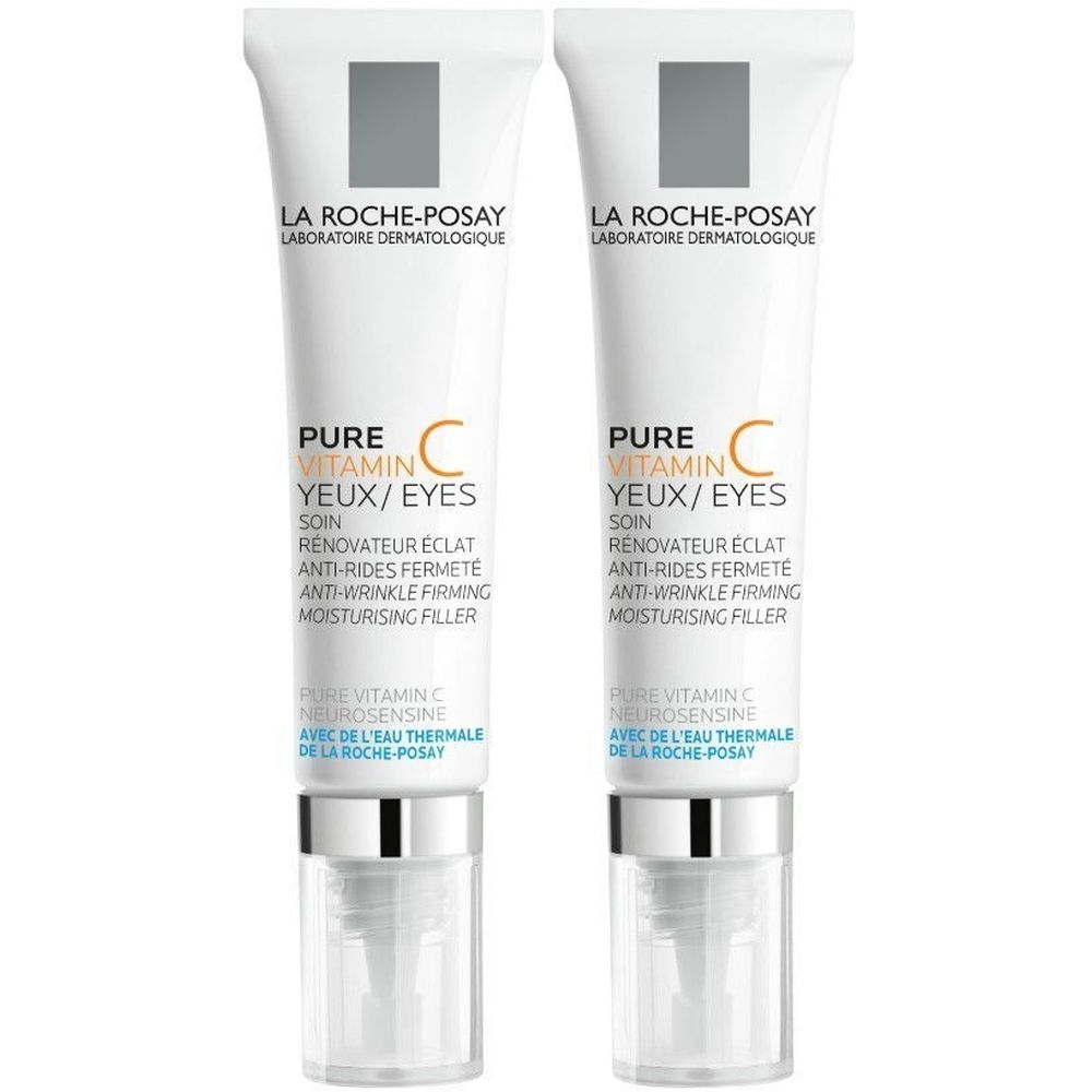 Deux tubes de soin pour les yeux. Blancs, avec texte et pompe doseuse. Inscription : Pure Vitamin C Yeux/Eyes, La Roche-Posay.