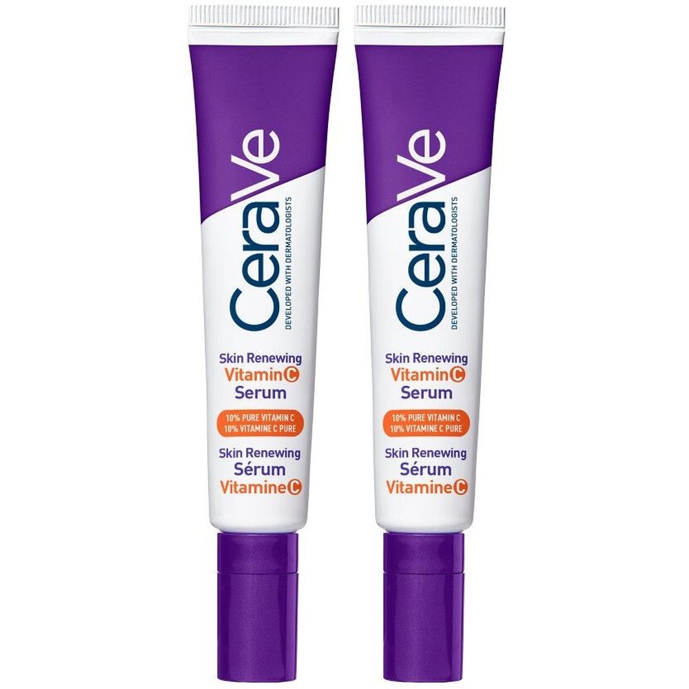 Deux tubes de sérum à la vitamine C pour la peau. Emballage blanc et violet avec texte: CeraVe, Skin Renewing, Vitamin C Serum.