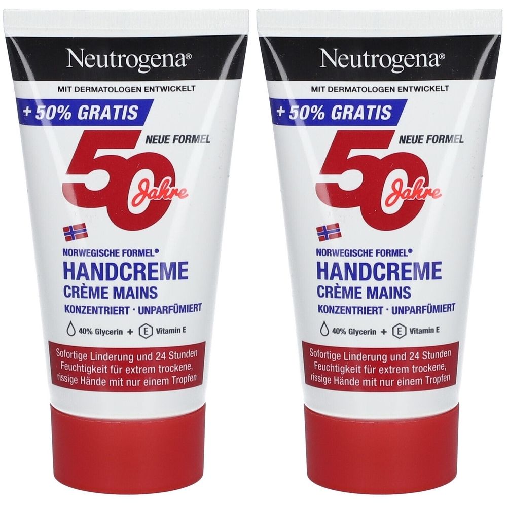 Twee tubes handcrème. Witte tubes met rode dop. Tekst: Neutrogena, handcrème, 50 jaar jubileum, +50% gratis.