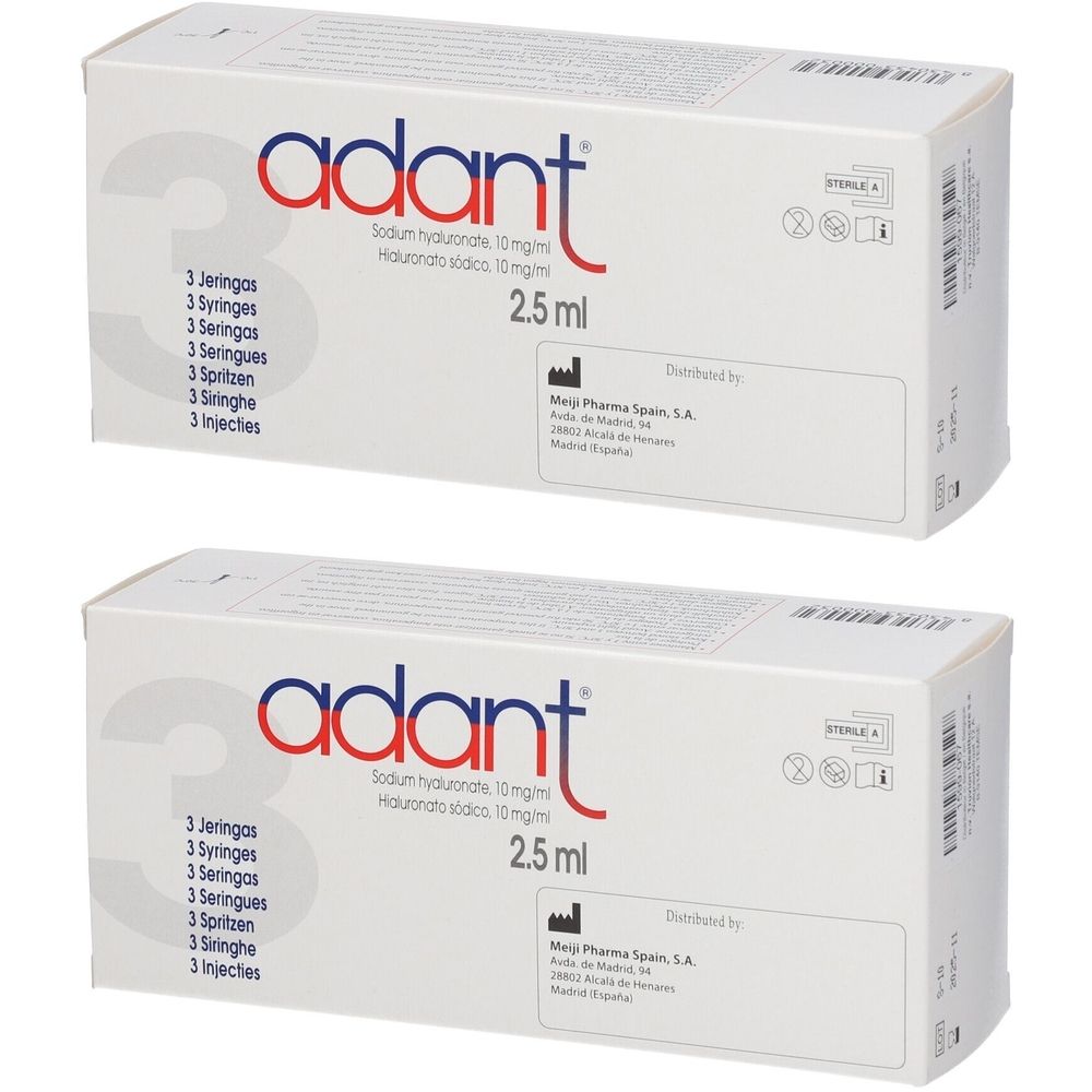 Twee witte dozen met rode en blauwe tekst. Opschrift: adant, 3 spuiten, 2,5 ml.