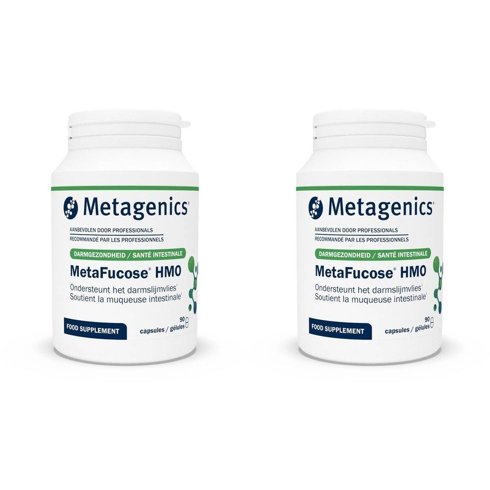 Twee witte flessen MetaFucose HMO van Metagenics. Opschrift: Darmgezondheid. Ondersteunt de darmwand. Capsules.