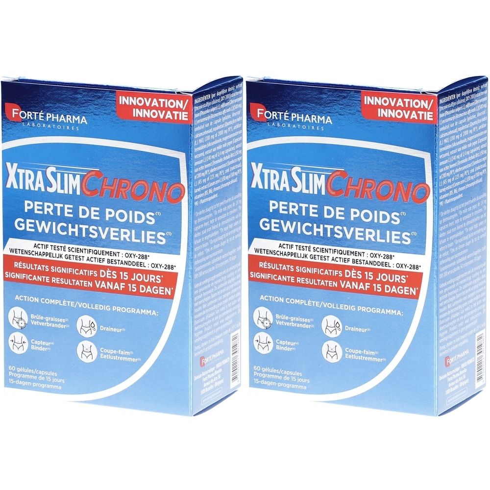Deux boîtes de XtraSlim Chrono. Emballage bleu avec texte blanc. Contient des informations sur la perte de poids et les résultats scientifiques.