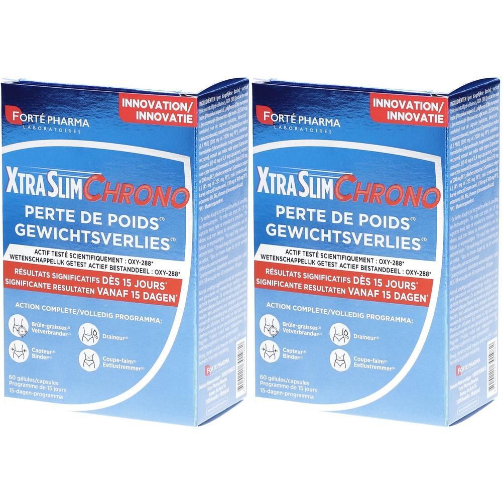 Twee dozen Forté Pharma XtraSlim Chrono. Blauwe verpakking met productnaam en logo's. Tekst in het Frans, Duits en Nederlands.