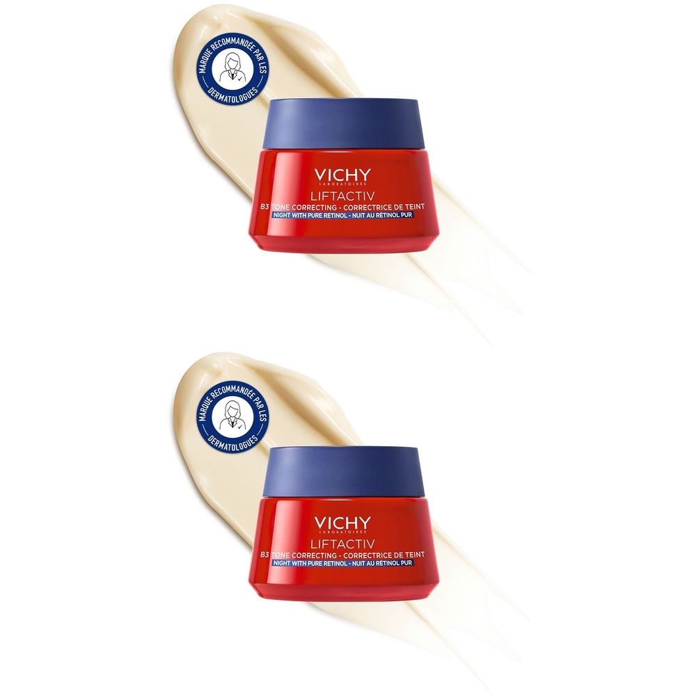 Deux pots de Vichy Liftactiv B3, rouges avec couvercles bleus. Sur traces de crème, avec sceau dermatologique.