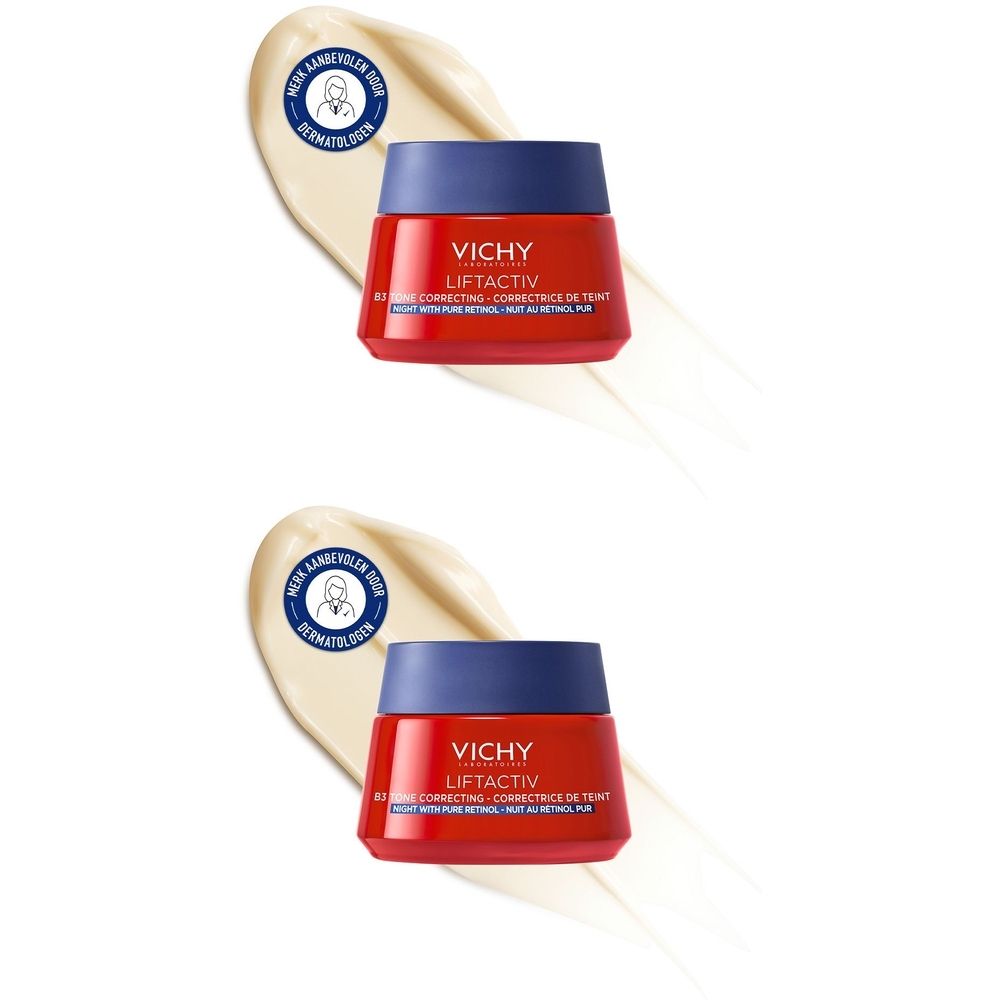 Twee potjes Vichy Liftactiv B3, rood met blauwe deksels. Geplaatst op crème-sporen, met dermatologisch zegel.