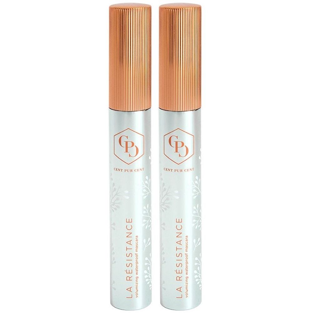 Twee mascaratubes met koperkleurige doppen. Opschrift: La Résistance, waterproof. Logo: CPD.