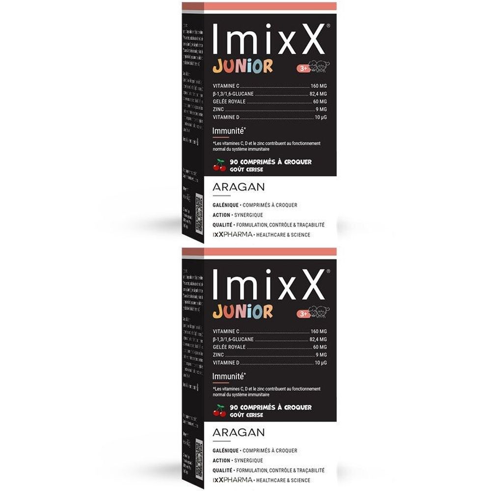 Deux boîtes de Imixx Junior, compléments alimentaires à croquer. Emballage noir avec accents blancs et rouges. Ingrédients visibles.
