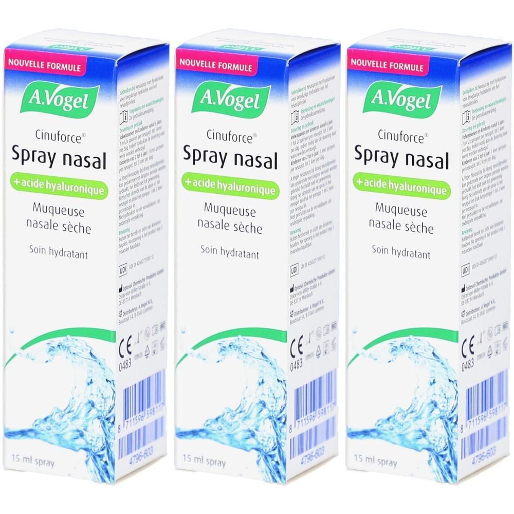 Drie dozen A.Vogel Cinuforce Spray nasal. Witte verpakking met groene en blauwe tekst. Bevat hyaluronzuur.