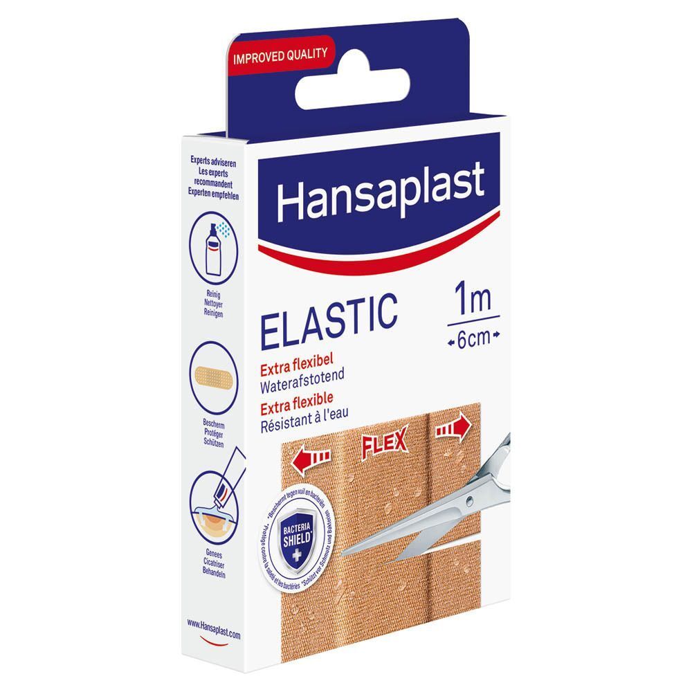 Boîte de Hansaplast Elastic Pansement. Inscription : Elastic, 1m -6cm-. Résistant à l'eau, extra flexible. Ciseaux et bandes.