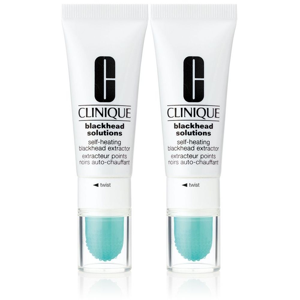 Twee tubes Clinique Blackhead Solutions. Witte tubes met zwart logo en productnaam. Onderdeel met blauwe applicator.