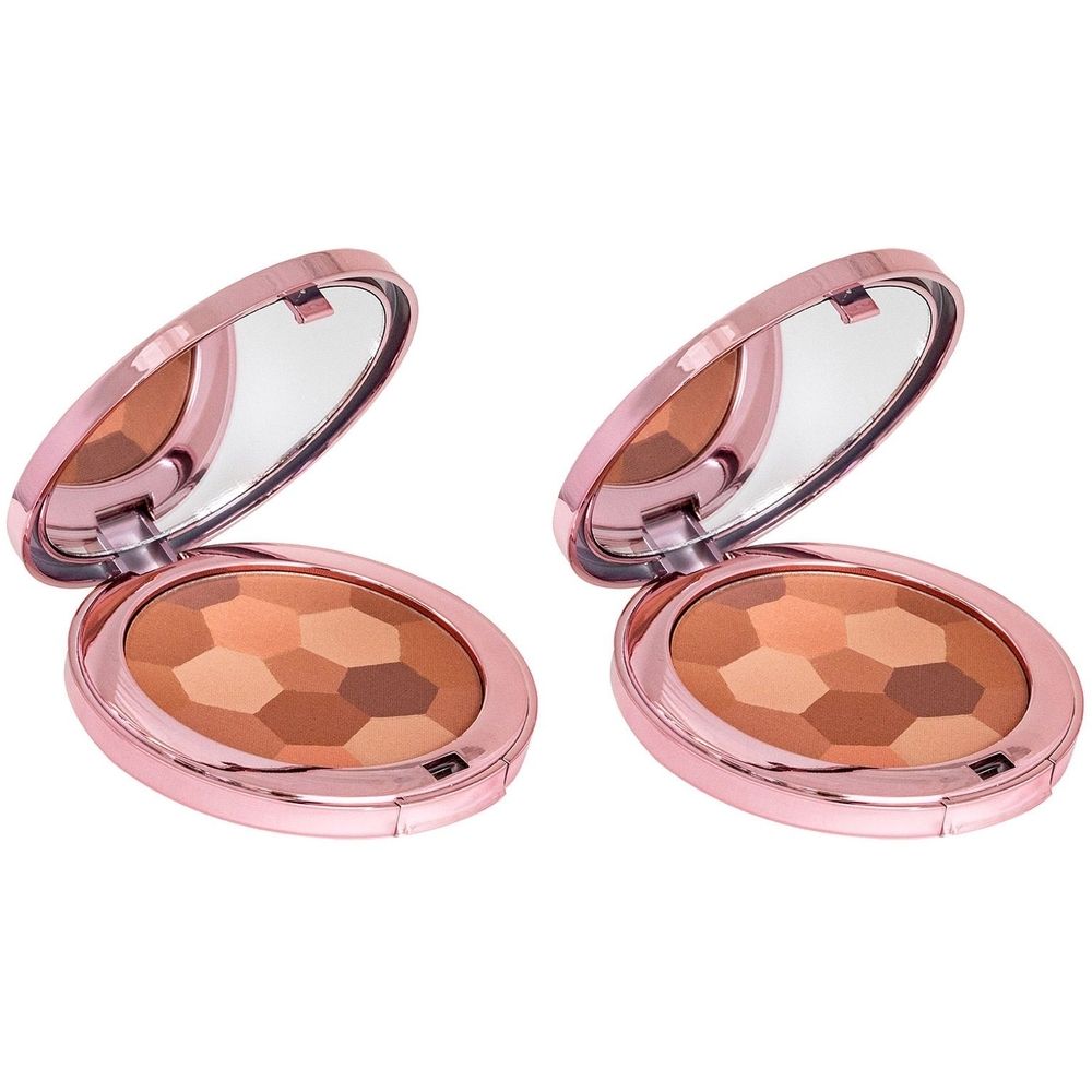 Deux poudriers ronds roses ouverts, avec miroir et poudre hexagonale. Vue de face.