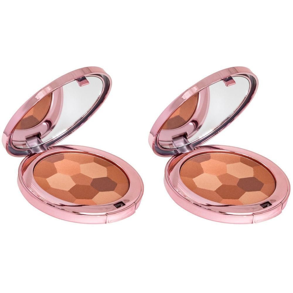 Twee ronde compactpoeders met spiegel. Geometrisch patroon in verschillende bruintinten. Roze behuizing.