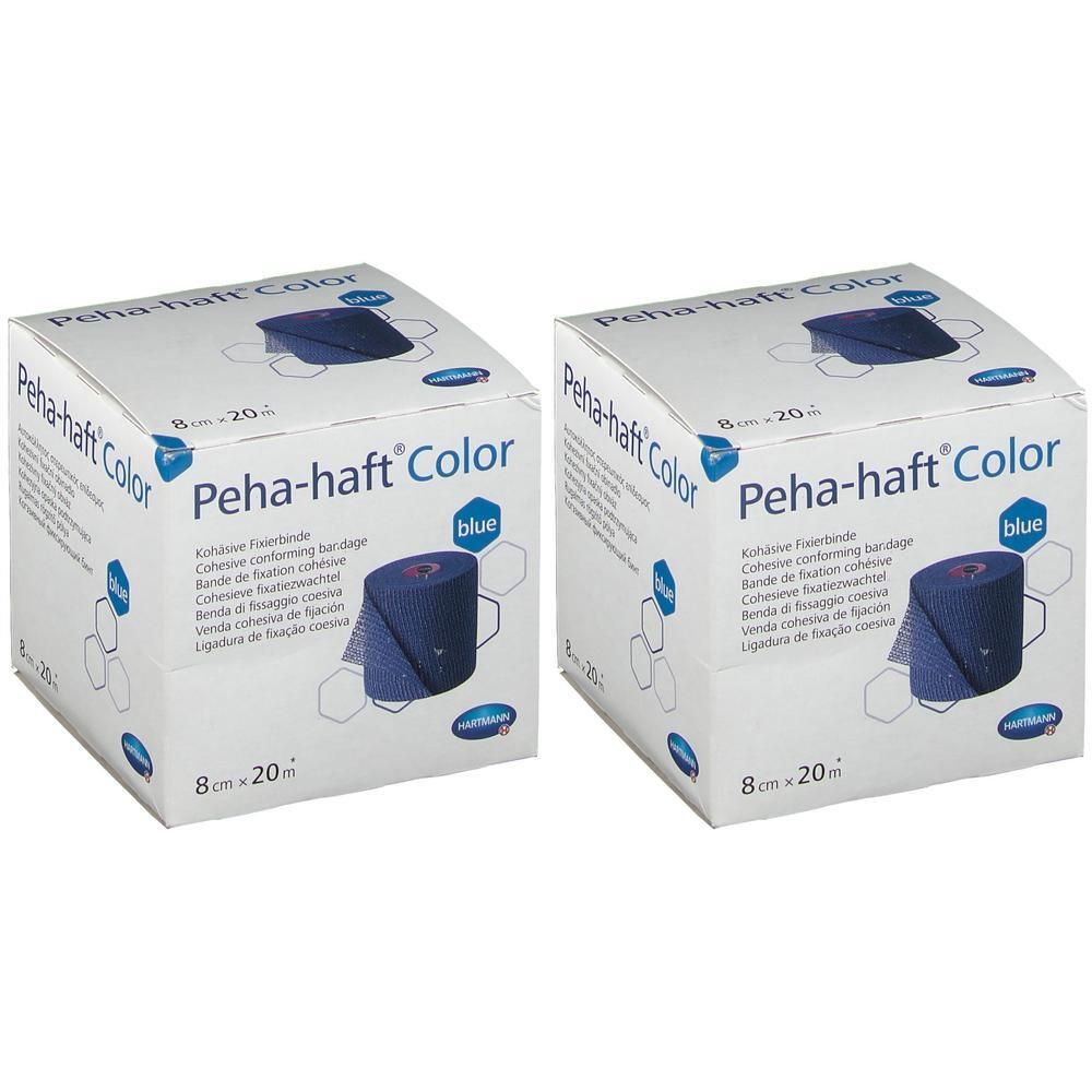 Deux boîtes de Peha-haft Color, bleu. Inscription : 8 cm x 20 m. Image du produit et texte sur carton blanc.