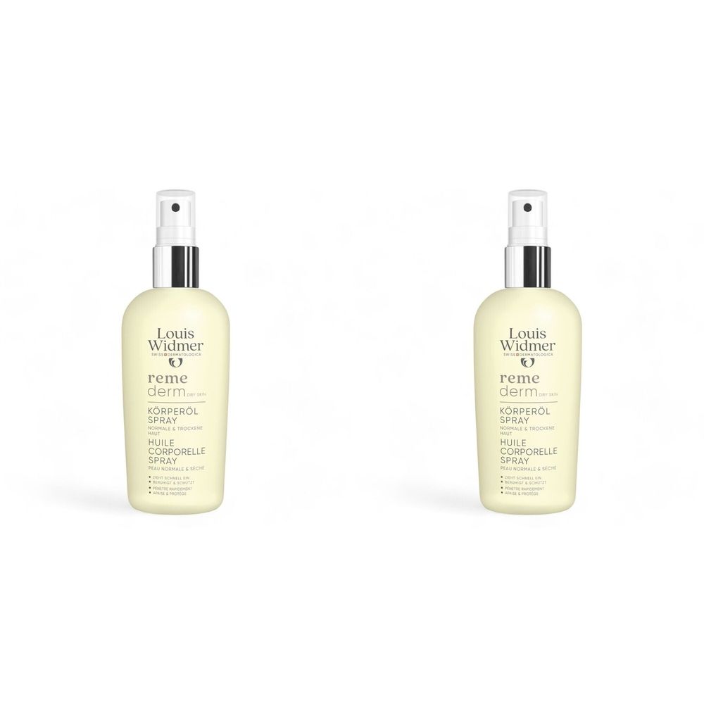 Twee flessen bodyspray. Opschrift: Louis Widmer, reme derm. Productnaam en andere informatie op de fles.