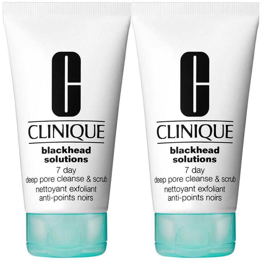 Twee tubes Clinique Blackhead Solutions. Witte tubes met zwart logo en tekst. Turkooiskleurige dop.