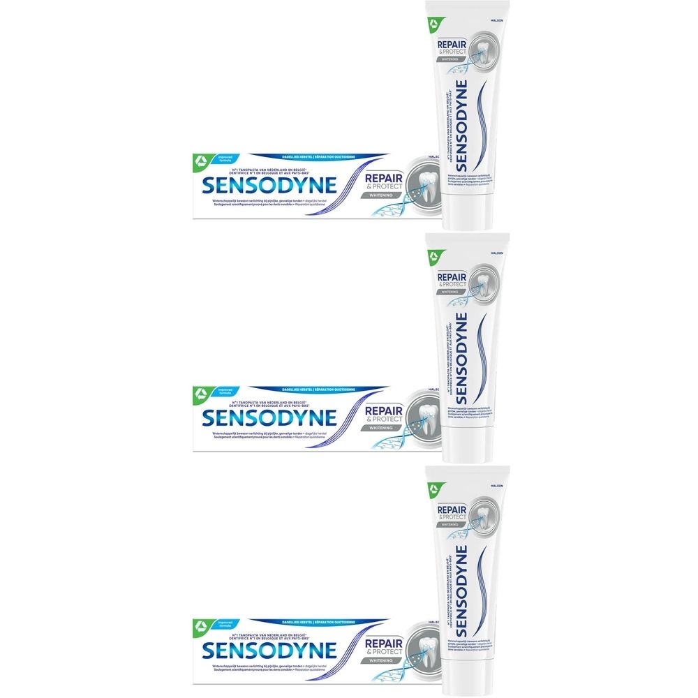 Tandpastatubes en -dozen. Opschrift: Sensodyne Repair & Protect. Witte tubes met blauwe en groene tekst.