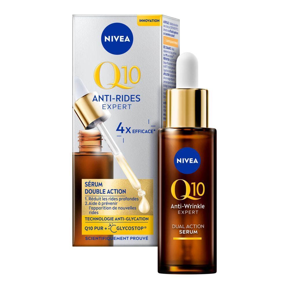 Sérum Nivea Q10 Anti-Rides Expert avec emballage. Flacon en verre brun avec bouchon doré et pipette. Emballage avec image du produit et texte.