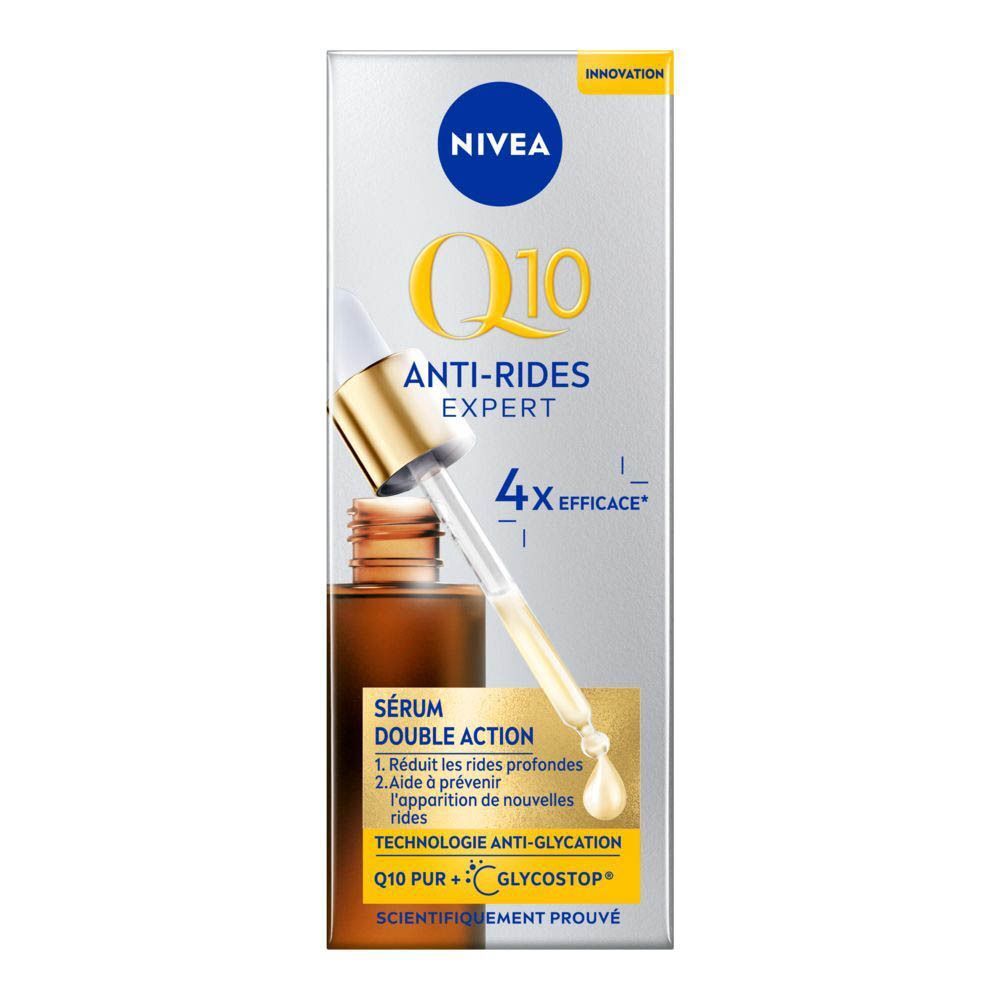 Emballage du sérum Nivea Q10 Anti-Rides Expert. Image du produit avec pipette et sérum. Texte sur l'action anti-rides et les ingrédients.