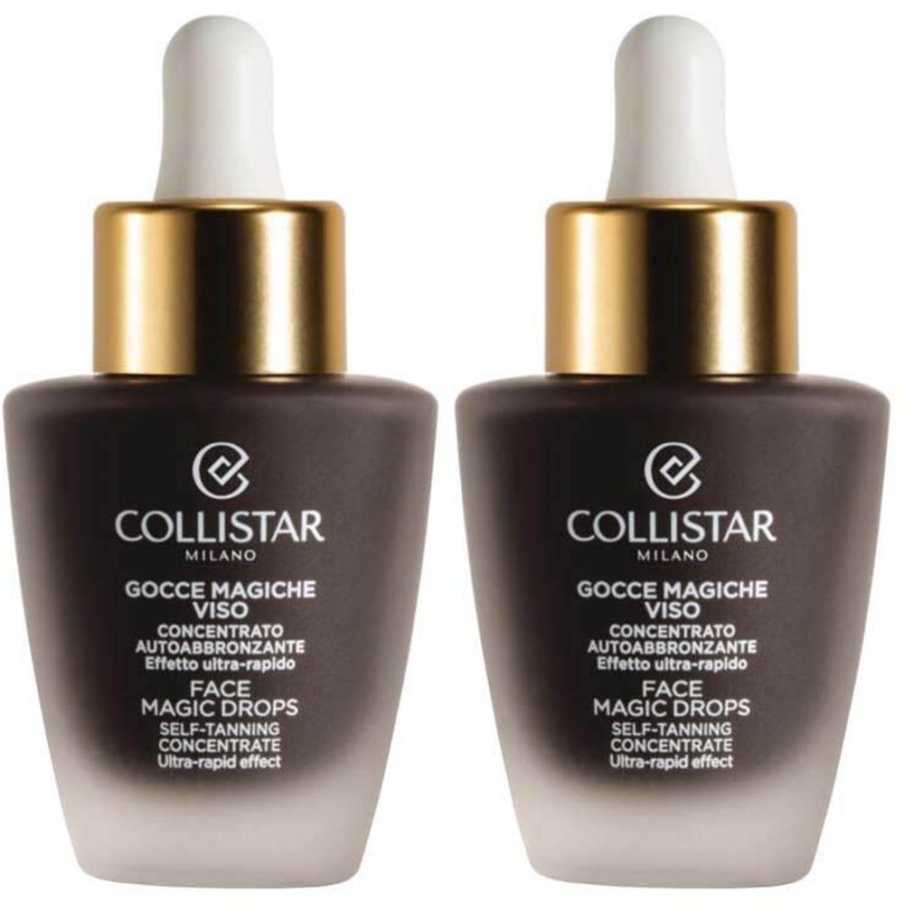 Twee flesjes met druppelaar. Donkerbruine vloeistof, gouden dop, witte druppelaar. Opschrift: Collistar, Face Magic Drops.