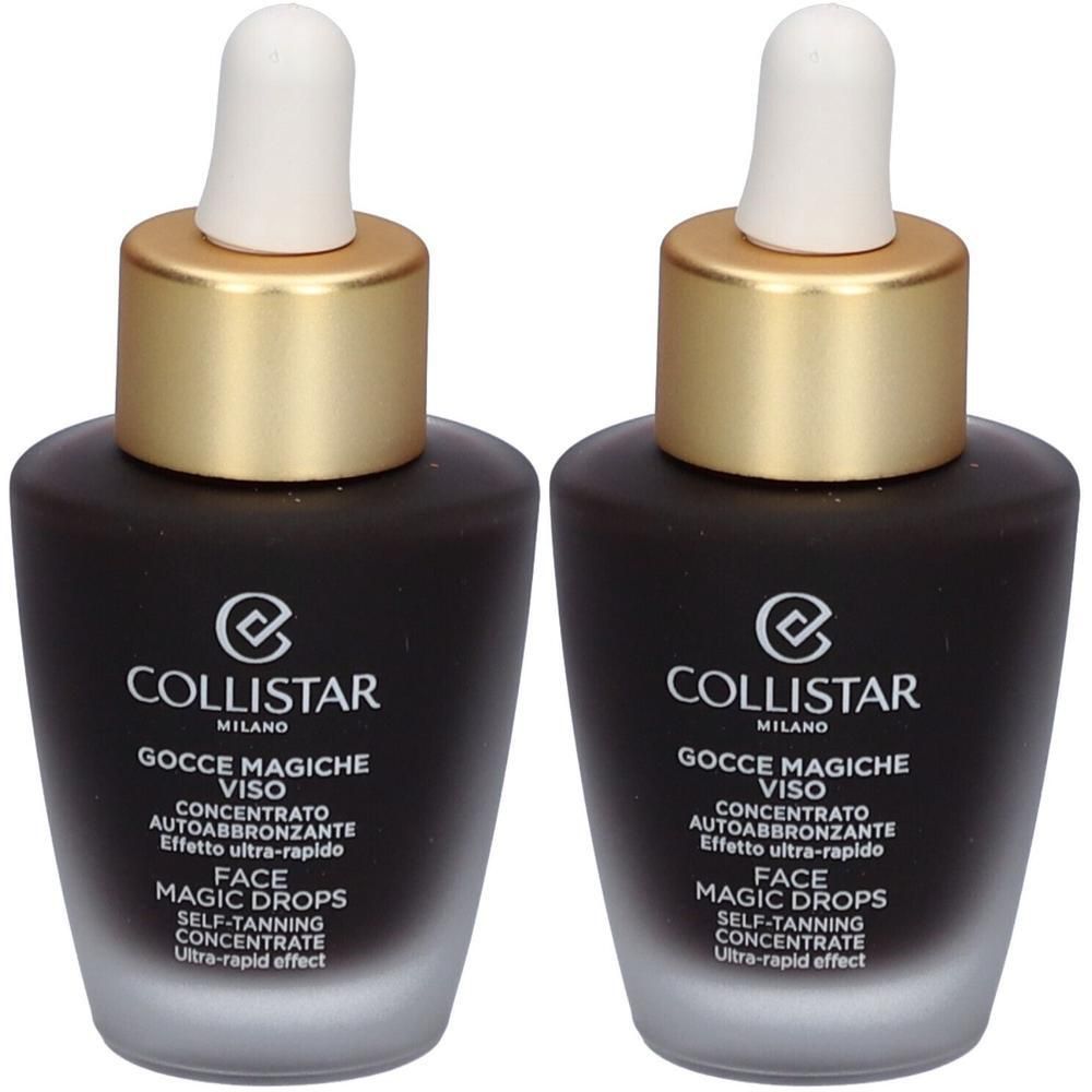 Twee flesjes met druppelaar. Donkerbruine vloeistof, gouden dop, witte druppelaar. Opschrift: Collistar, Face Magic Drops.
