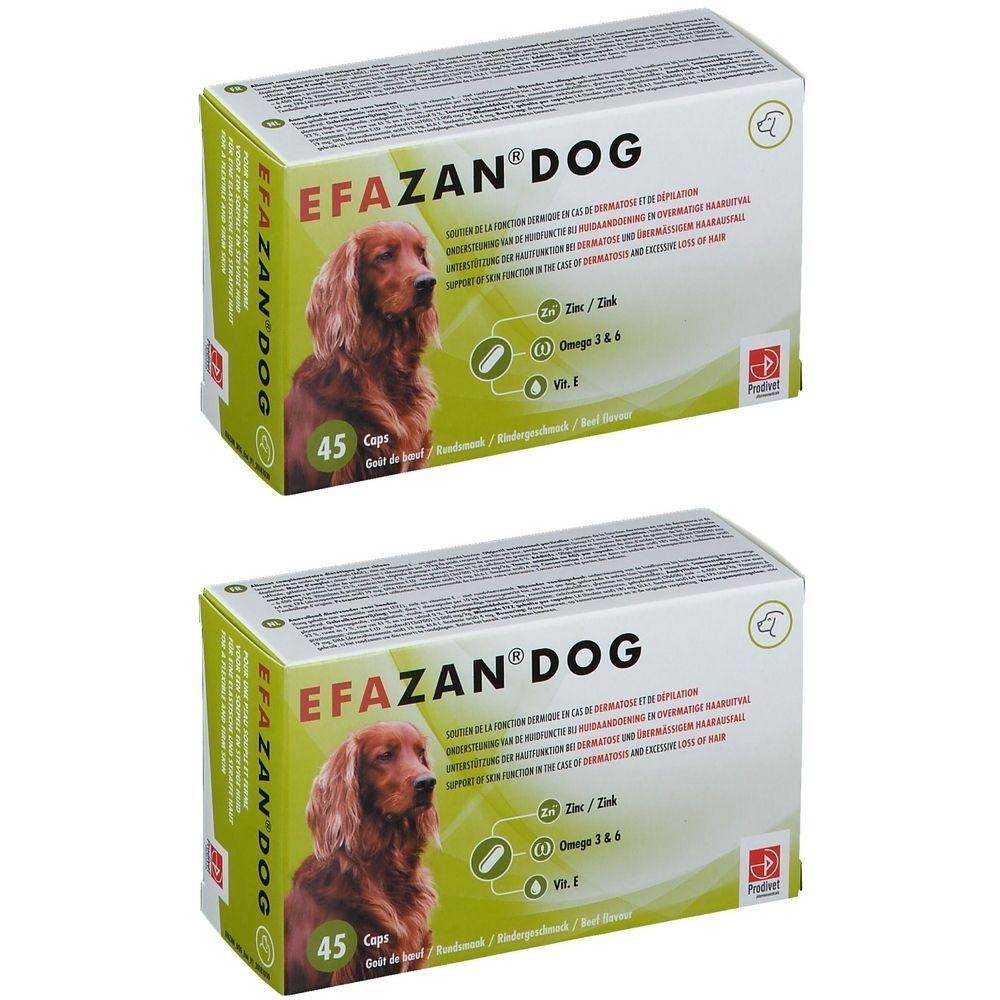 Deux boîtes Efazan Dog. Image d'un chien, 45 capsules, zinc, oméga 3&6, Vit. E. Emballage avec accent vert.
