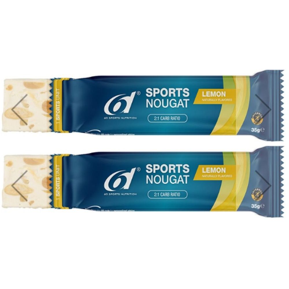 Deux barres de 6D Sports Nougat Citron. Emballage bleu avec logo et nom du produit. Visible : nougat avec des noix.