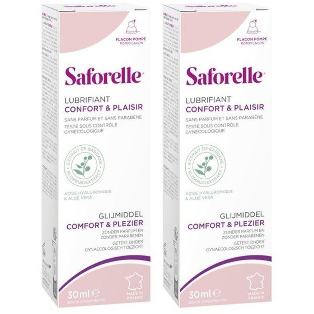 Twee verpakkingen. Productnaam: Saforelle Lubrifiant Confort & Plaisir. Bevat 30ml. Zonder parfum en parabenen.