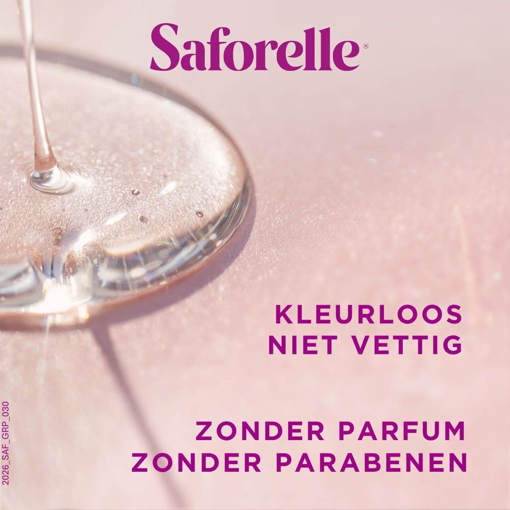 Druppel van een heldere gel, Saforelle-logo bovenaan.