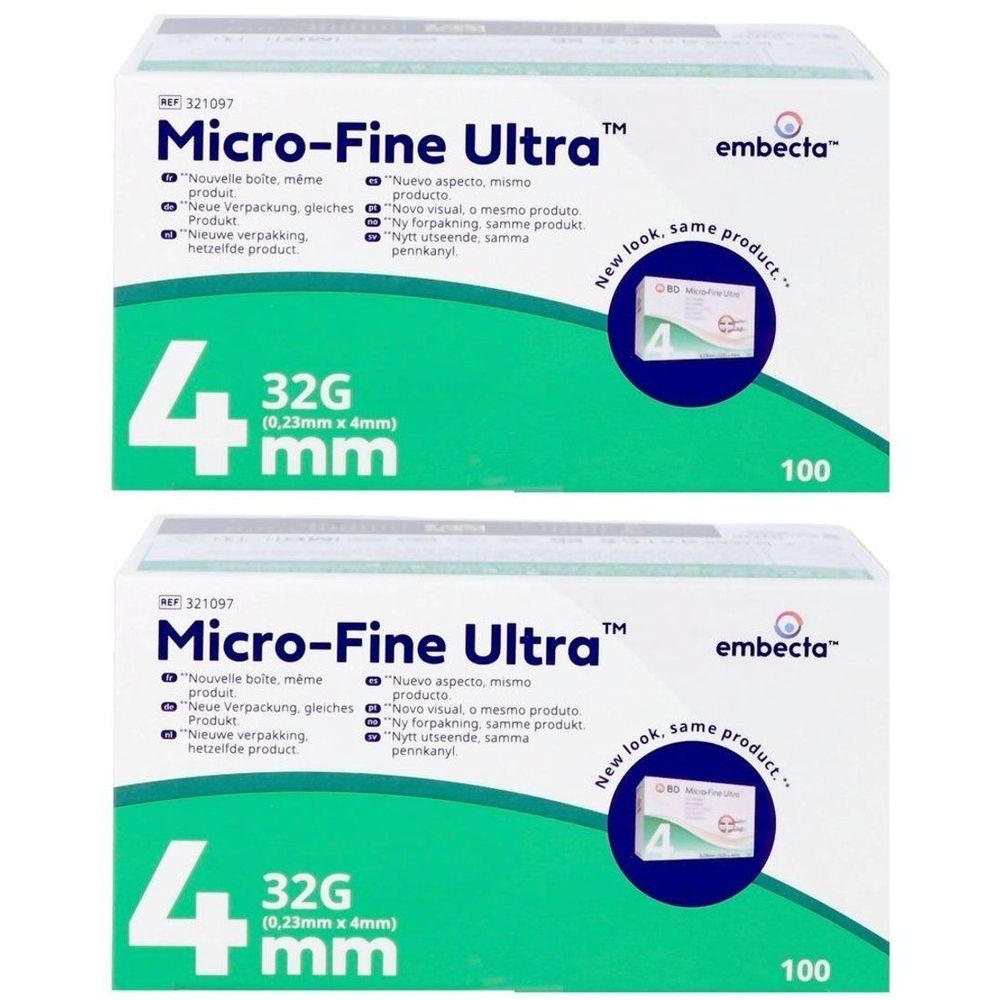 Twee dozen Micro-Fine Ultra™ Aiguilles à stylo. Opschrift: 4 mm, 32G, 100 stuks. Merk: embecta.
