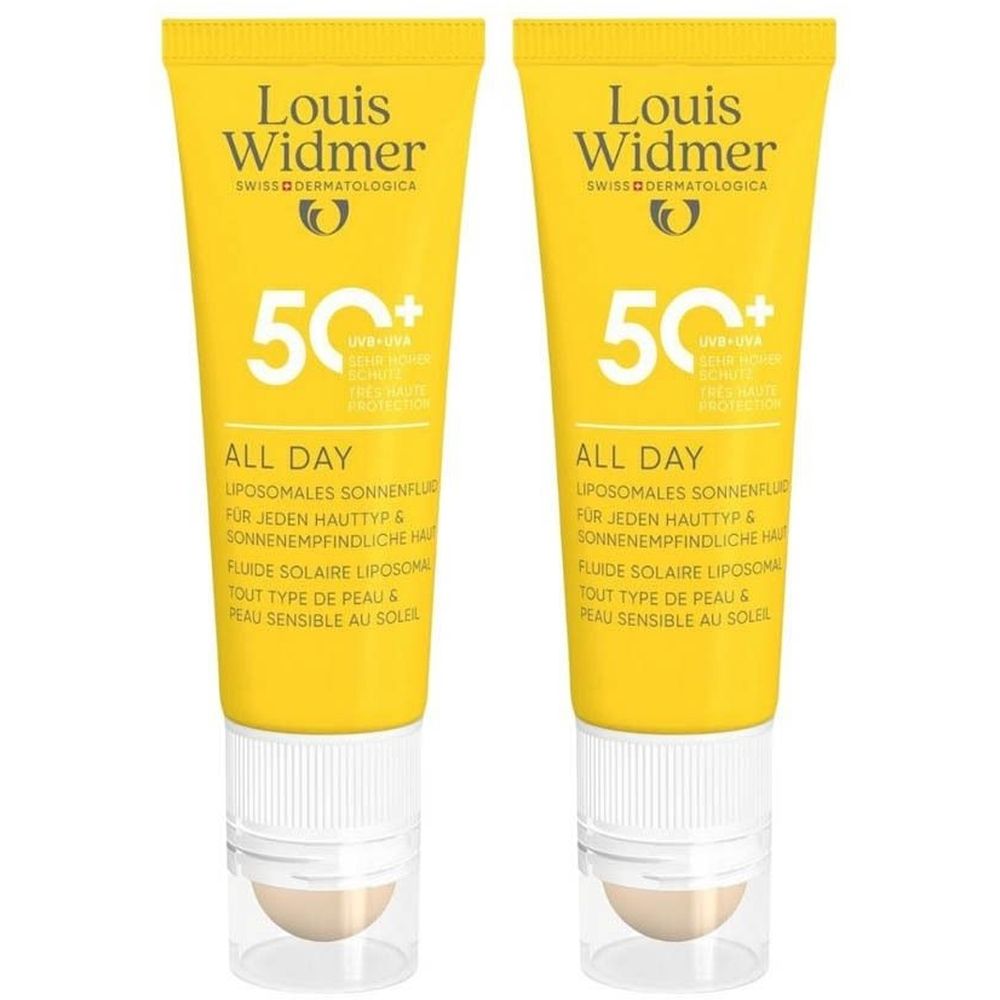Twee gele tubes LOUIS WIDMER Fluide Solaire Liposomal SPF50+. Opschrift: 50+, ALL DAY, UV-A/UV-B bescherming.