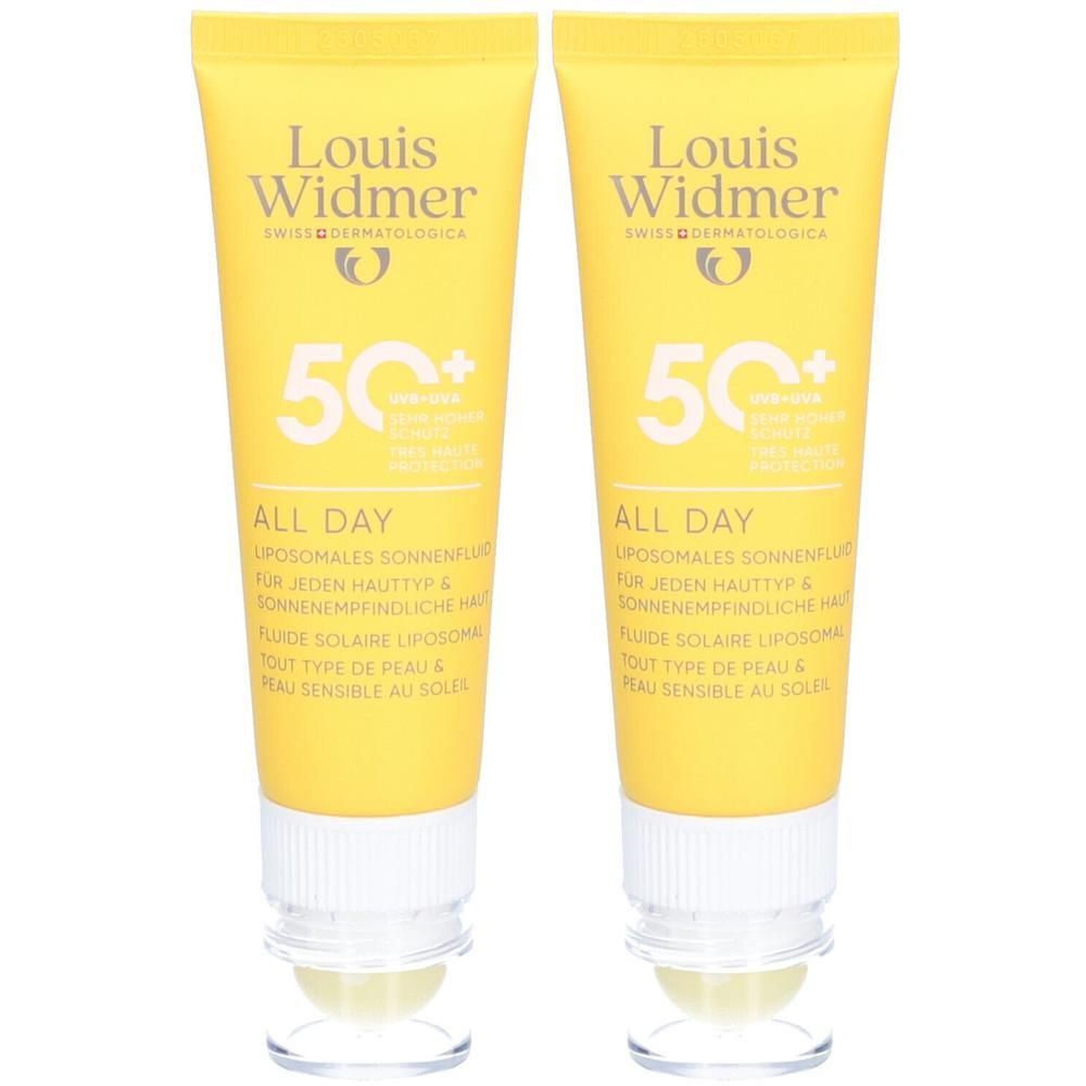 Deux tubes jaunes LOUIS WIDMER Fluide Solaire Liposomal SPF50+. Inscription: 50+, ALL DAY, protection UV-A/UV-B.