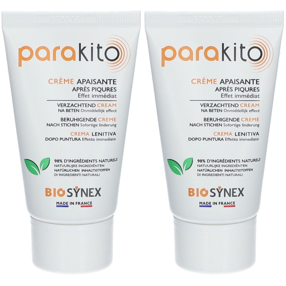 Twee tubes crème. Opschrift: ParaKito, Crème Apaisante Après-Piqûres, 98% natuurlijke ingrediënten, Biosynex, Made in France.