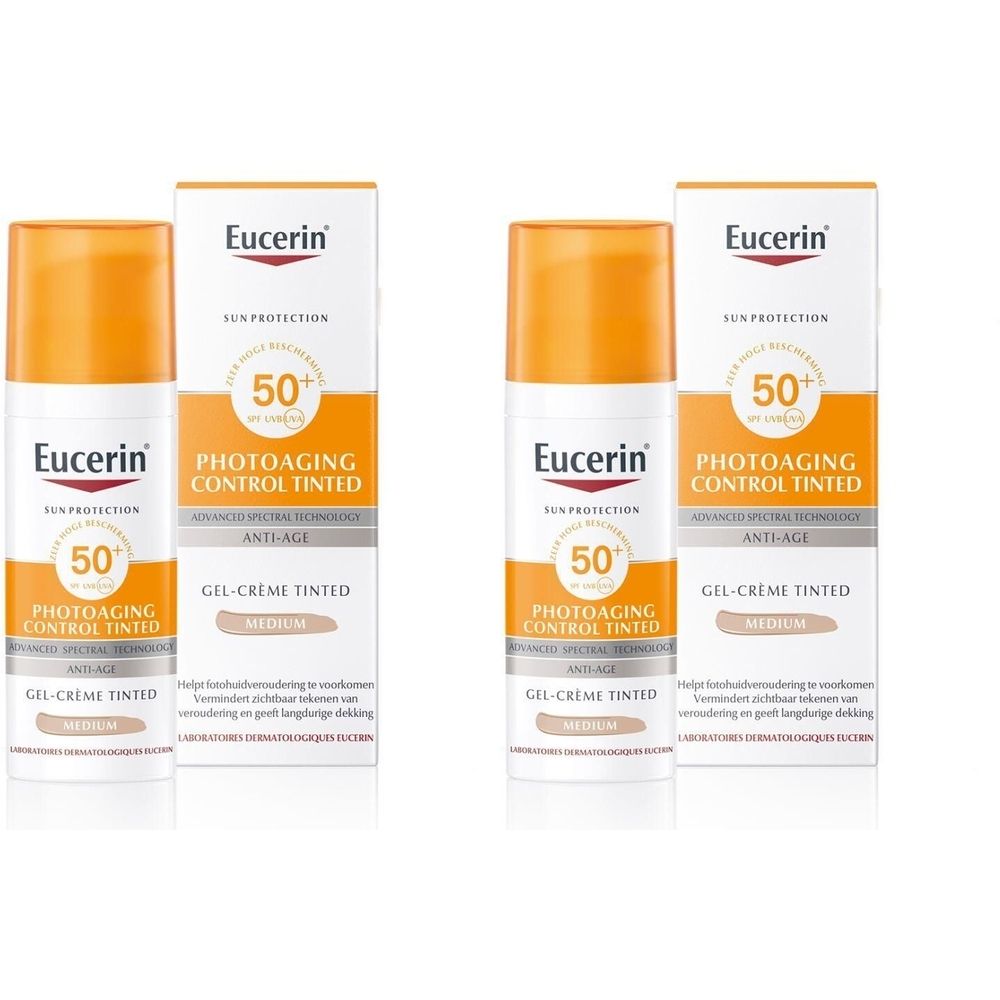 Twee tubes Eucerin zonnecrème. Wit-oranje verpakking met productnaam en SPF 50+.