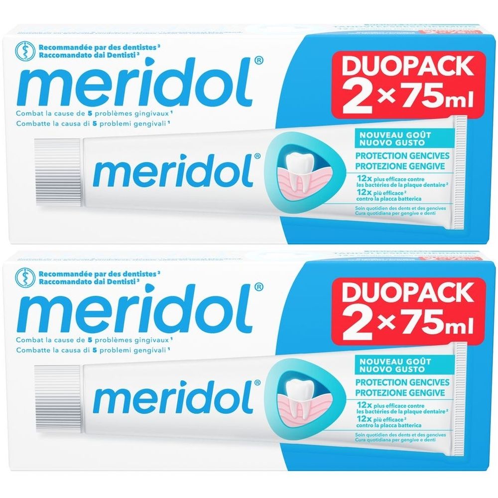 Twee tubes tandpasta in een verpakking. Opschrift: meridol, DUOPACK 2x75ml. Tekst in het Frans en Italiaans. Aanbevolen door tandartsen.