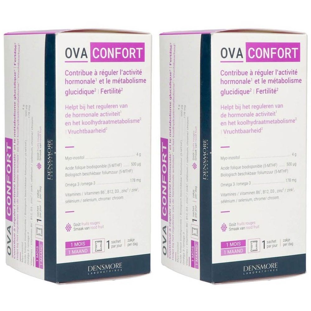 Deux boîtes rectangulaires de Densmore Ova Confort. Inscription : OVA CONFORT. Contient des informations sur l'activité hormonale et le métabolisme.