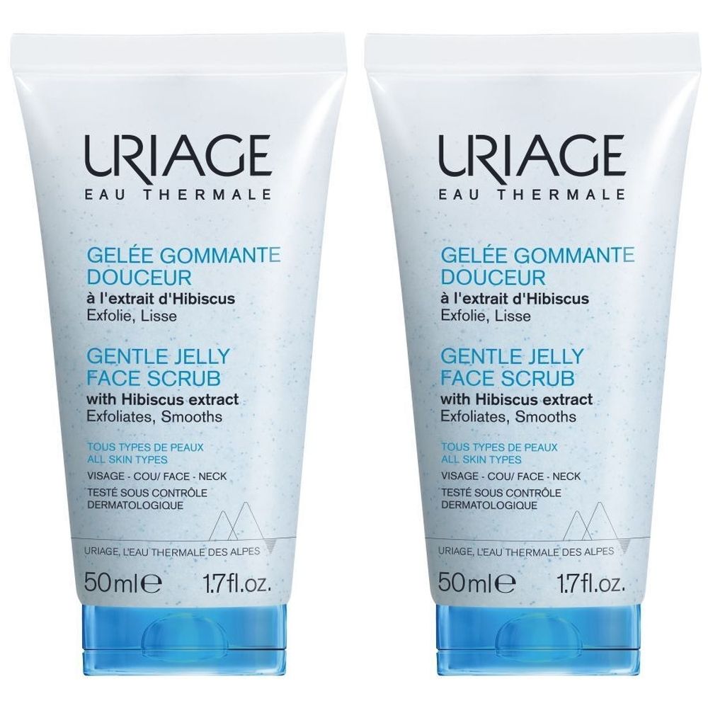 Deux tubes de Gelée Gommante Douceur Uriage. Tubes blancs avec texte bleu et bouchons bleus. Texte : Gentle Jelly Face Scrub.