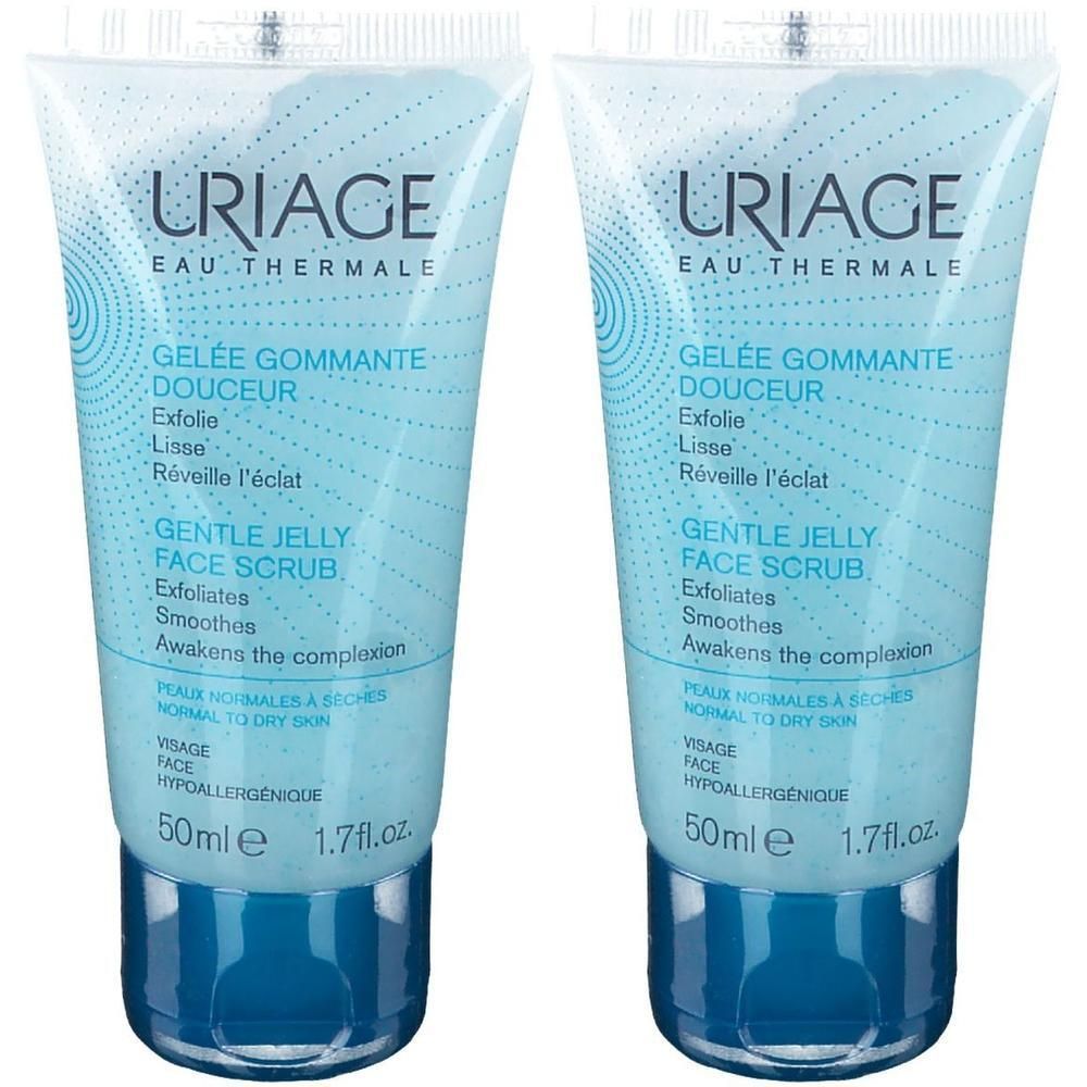 Twee tubes Uriage Gelée Gommante Douceur. Lichtblauwe tubes met blauwe tekst en dop. Tekst: Gentle Jelly Face Scrub.