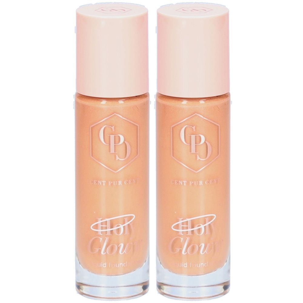 Twee flacons Cent Pur Cent Holy Glowy Foundation Light. Lichtroze doppen, transparante basis, logo en tekst.